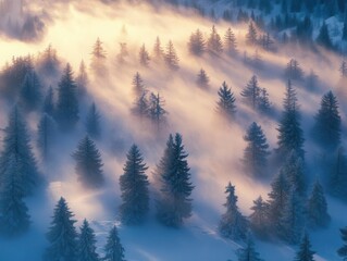 Wall Mural - enchanted misty forest landscape ethereal morning fog rolling through ancient evergreen fir trees creating mysterious natural atmosphere in wilderness