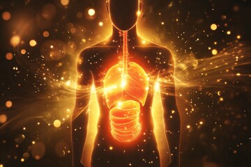 Aufkleber - Glowing human torso with vibrant red focal point in the stomach area illustrating human anatomy dynamics. Generative AI