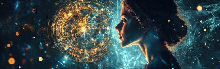 Poster - Surreal glowing woman gazing into a cosmic sphere of swirling light and energy in an ethereal setting