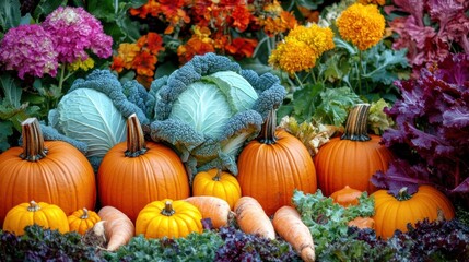 Aufkleber - Lush vegetable garden filled with vibrant carrots, cabbages, and pumpkins thriving in the sunlight. Generative AI