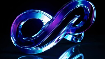 Wall Mural - Glass infinity symbol rotating slowly on a reflective black surface, illuminated by blue and purple neon lights, creating a mesmerizing visual effect