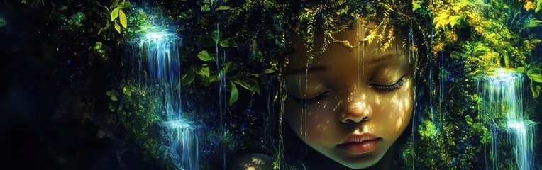 Aufkleber - Serene expression of a child's face with nature elements and flowing water droplets