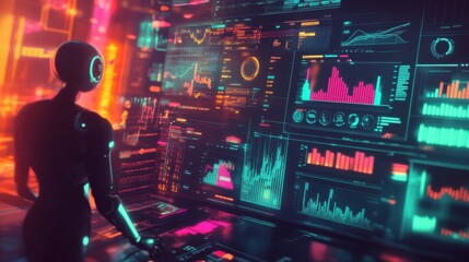 Leinwandbilder - Glowing AI-powered robot analyzes data in a high-tech environment with vibrant visuals and interactive displays