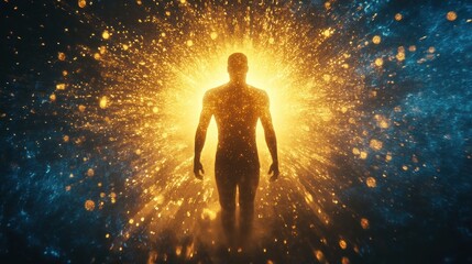 Aufkleber - Man radiating light in a mystical environment with vibrant colors and glowing particles surrounding him during a serene moment