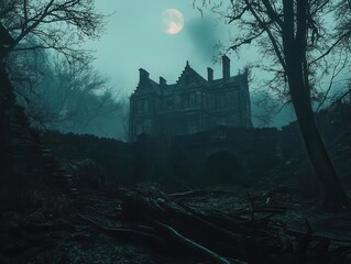 Wall Mural - gothic horror scene abandoned victorian mansion deep in misty woods with mysterious moonlight creati