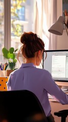 Aufkleber - Woman working at a desk in a bright, minimalist home office with natural light and plants