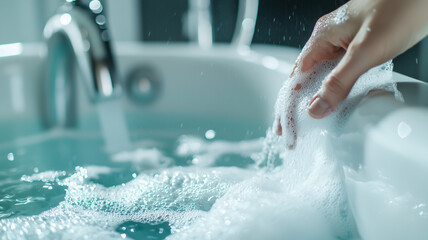 person gently cleans bathtub filled with soapy water, creating serene and refreshing atmosphere. hand is immersed in bubbles, highlighting cleanliness and care involved in process