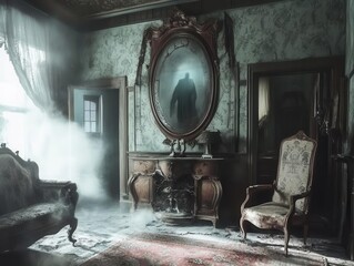 Wall Mural - haunted victorian mansion interior with ghostly apparitions emerging from antique mirror in moonlit drawing room with vintage furnishings