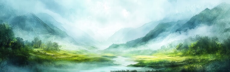 Poster - Tranquil watercolor landscape depicting serene mountains and a misty river under soft, diffused light
