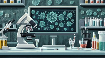 Aufkleber - Laboratory environment featuring microscopes and bacterial visuals on the monitor during scientific research activities. Generative AI