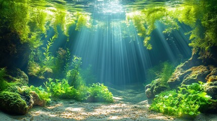 Poster - Sunbeams illuminate freshwater plants underwater.