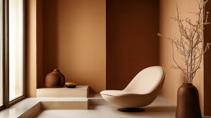 Wall Mural - Elegant amber-toned interior design featuring a sculptural chair and minimalist decor