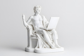 Realistic classic gypsum statue of man using a laptop for IT isolated on white background