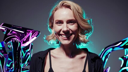Wall Mural - studio shot of a cheerful young woman with blond hair, wearing a black shirt, smiling while surround