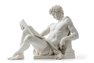 Realistic classic gypsum statue of man using a laptop for IT isolated on white background