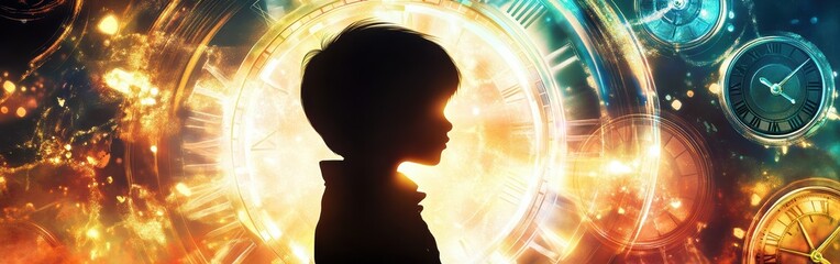 Leinwandbilder - Vibrant visualization of a glowing child surrounded by clocks expressing the passage of time and imagination