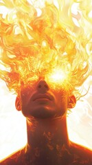 Aufkleber - Vibrant depiction of a man's face engulfed in flames with glowing eyes showcasing intensity and emotion