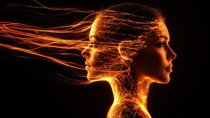 Poster - Surreal representation of a glowing woman with flowing energy in a dark atmosphere at dusk