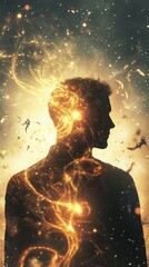 Poster - Surreal silhouette of a man surrounded by swirling golden energy in a cosmic setting