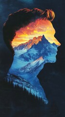Aufkleber - Profile of a man surrounded by a stunning mountain landscape glowing in warm colors during a serene twilight hour