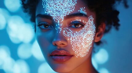 Poster - Model's serene face illuminated by intricate designs in a calming, softly lit environment
