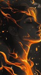 Aufkleber - Portrait of a woman surrounded by flames, radiating warmth and tranquility