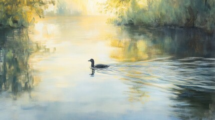 Poster - Solo duck glides gracefully on a tranquil spring morning in a sunlit river surrounded by lush greenery and soft reflections