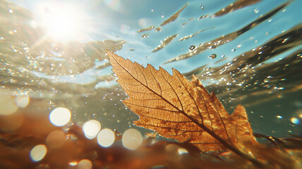 Poster - close up of leaf submerged in water with sunlight reflecting off its surface, creating serene and sparkling effect. image captures intricate details of leaf and play of light