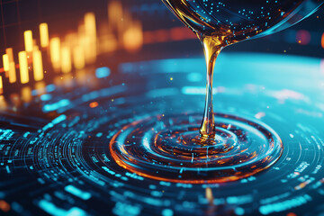 Aufkleber - close up of oil dripping into container with glowing digital interface, creating futuristic and technological atmosphere. vibrant colors and dynamic design suggest innovation