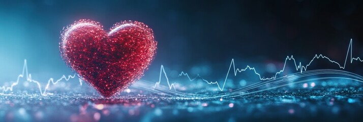 Aufkleber - Glowing red heart illustration with dynamic cardiogram in blue lighting on a dark background. Generative AI