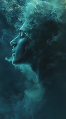 Poster - Mystical profile of a man surrounded by ethereal smoke in a surreal atmosphere at twilight