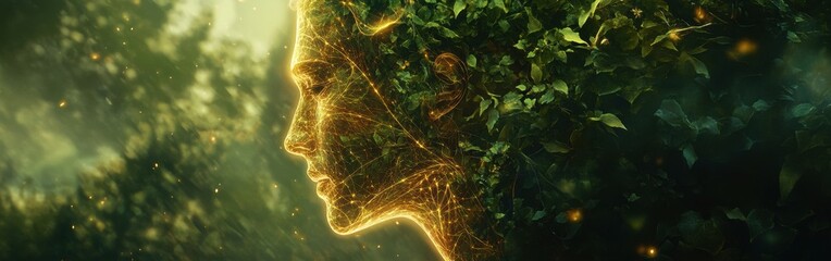 Aufkleber - Profile of a man emerging from nature with glowing foliage and mystical energy at twilight