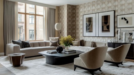 Wall Mural - Modern living room featuring textured geometric design and elegant decor in a cozy urban setting