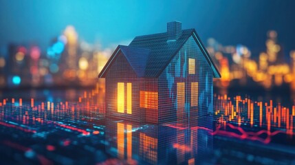Poster - Modern house silhouette blending with upward trends in a vibrant city at night