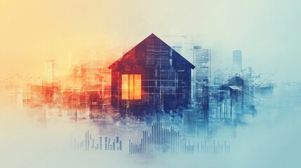 Poster - Minimalist house silhouette blended with vibrant urban landscape at sunset