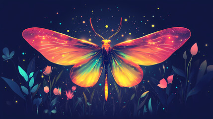Wall Mural - A firefly flashing rhythmically flat design front view garden theme water color triadic color scheme. Fireveil. Illustration
