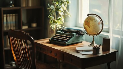 Poster - Vintage typewriter and globe in a cozy home office setting with natural light