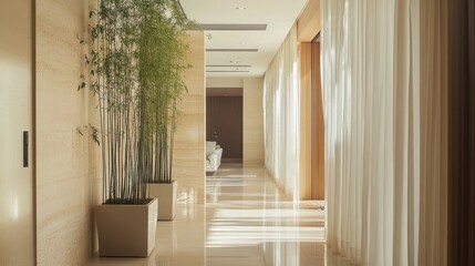 Aufkleber - Elegant hallway with tall potted bamboo enhancing natural light and tranquility