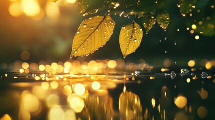 Poster - Glowing raindrops cling to green leaves as sunlight filters through the branches in a tranquil moment of nature