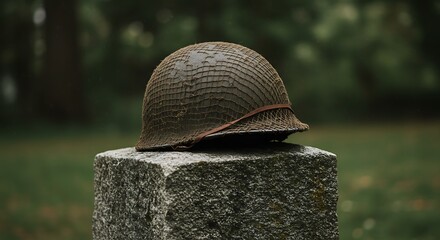 Weathered military helmet, brown green camouflage, army war, WW2 soldier.