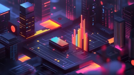 Aufkleber - Glowing data visualizations in a futuristic urban landscape during the night