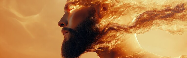 Aufkleber - Conceptual visualization of a man's face blending with fiery elements against an orange hue