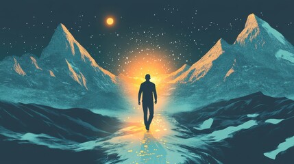 Poster - Man glowing while walking on a luminous path through majestic mountains under a starry sky