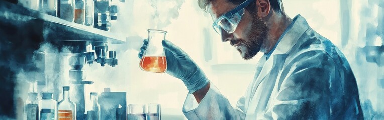 Poster - Scientist conducting experiments in a laboratory with a watercolor background featuring vibrant colors