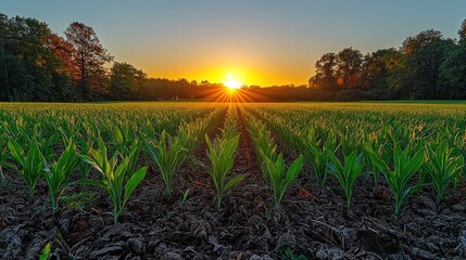 Poster - Sunrise over young cornfield.