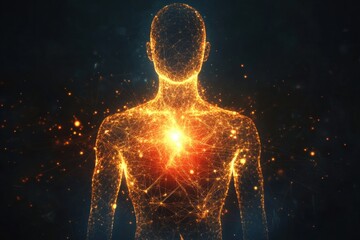 Poster - Glowing human torso illuminated with a bright red focal point in the abdominal region showcasing energy and vitality. Generative AI