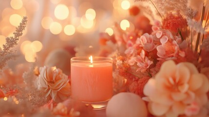Poster - Warm candlelight surrounded by soft flowers and dreamy bokeh for a serene atmosphere
