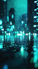 Aufkleber - Vivid bokeh effect with neon blue hues illuminating a rainy city street at night