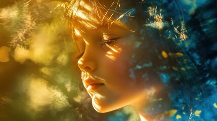 Leinwandbilder - Vibrant close-up of a child's face reflecting joy and serenity in a nature-inspired setting