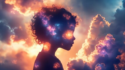 Poster - Glowing silhouette of a child against a vibrant cosmic background in a twilight setting